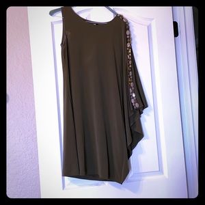 Olive green asymmetrical beaded shift dress